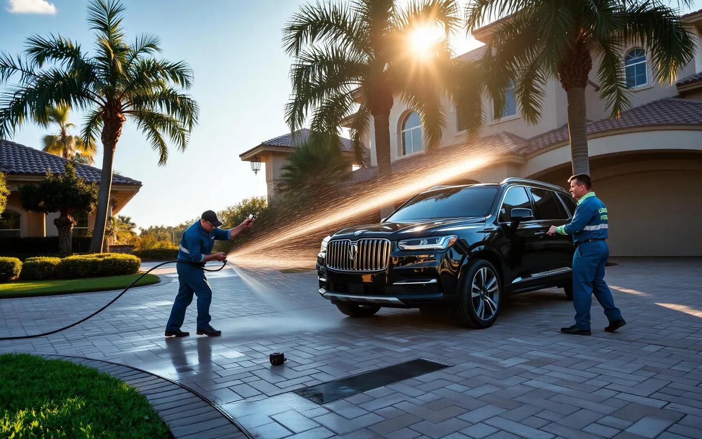 Technician pressure washing a Florida home while a detailer works on a luxury SUV